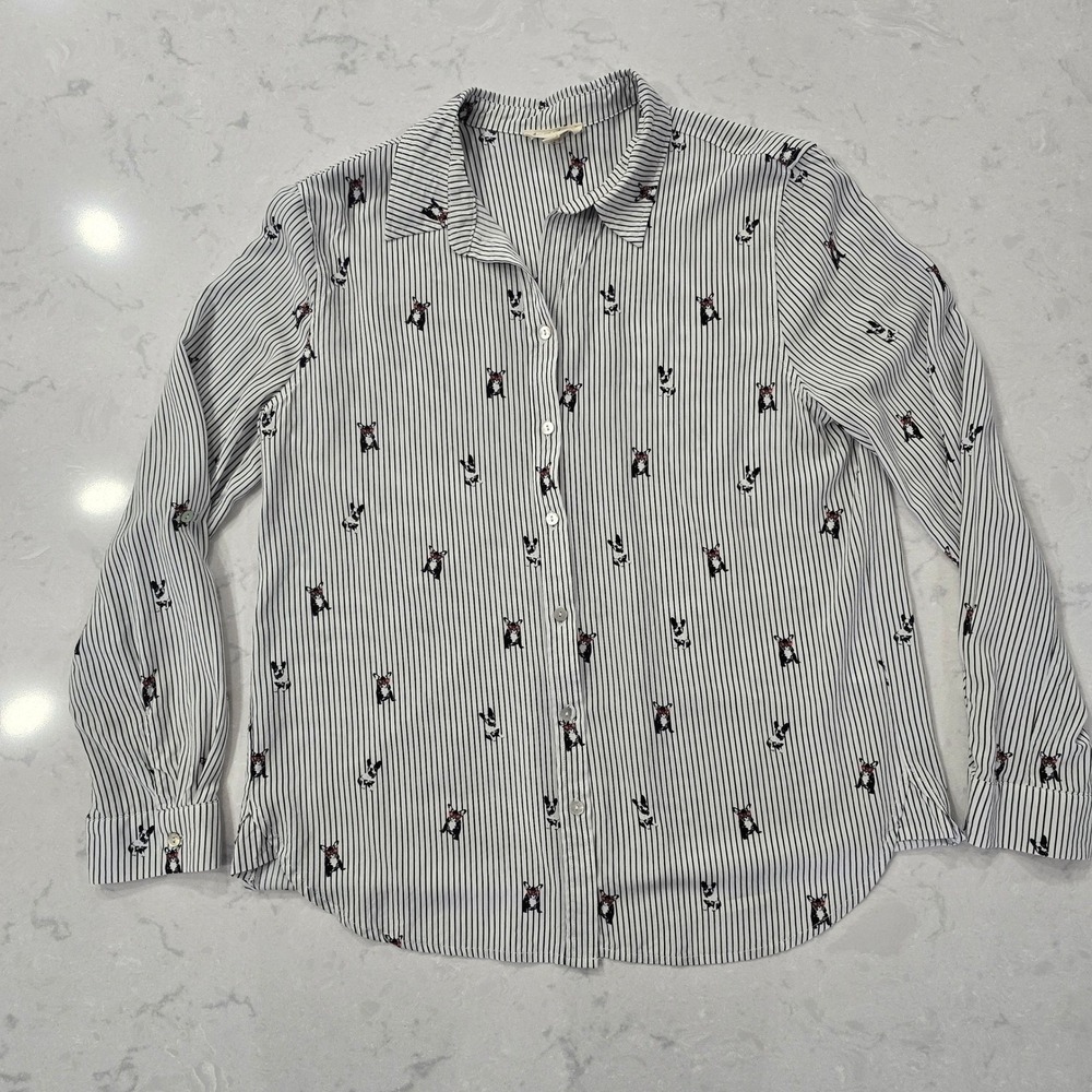 Jane and Delancey Womens French Bulldog Stripe Roll Tab Sleeve Shirt Medium